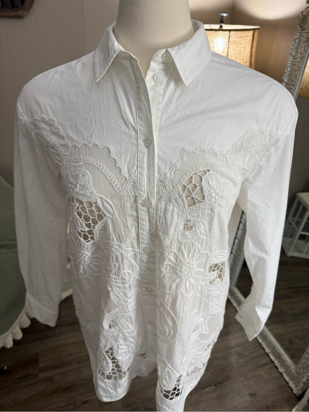 Maeve by Anthropologie White Embroidered Cutwork Button Down Shirt - Picture 9 of 11
